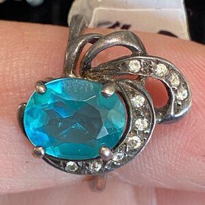 Ring Size 6.5 Blue Glass Sterling Silver 925 Women Semi-Precious Stone